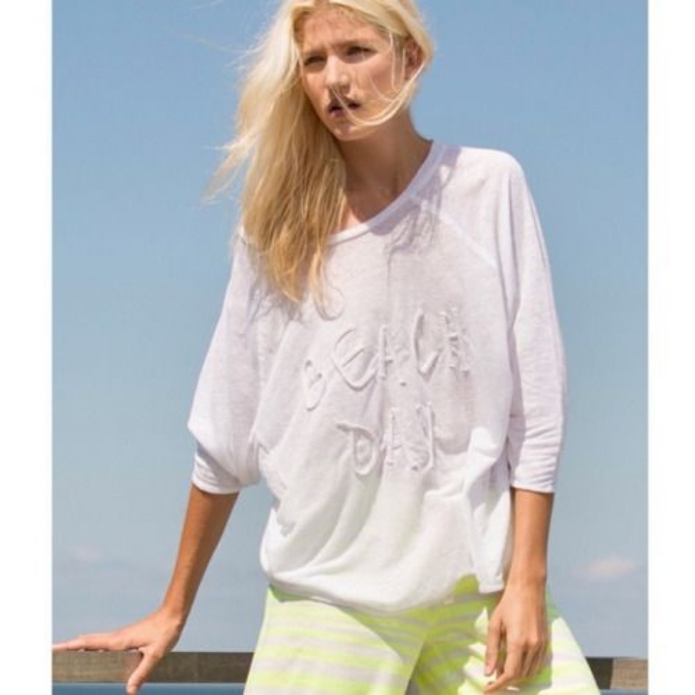 Revolve White + Warren Top Womens Medium 100% Linen Beach Day Rope Graphic Shirt